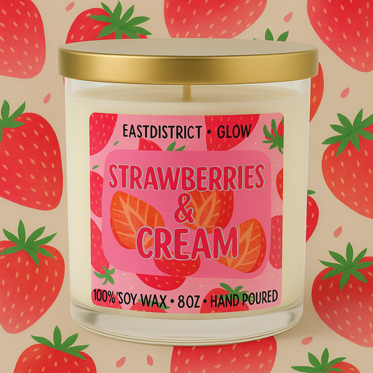 Strawberries and cream soy candle in a clear glass 8oz jar with gold lid. Sweet strawberry and vanilla scent