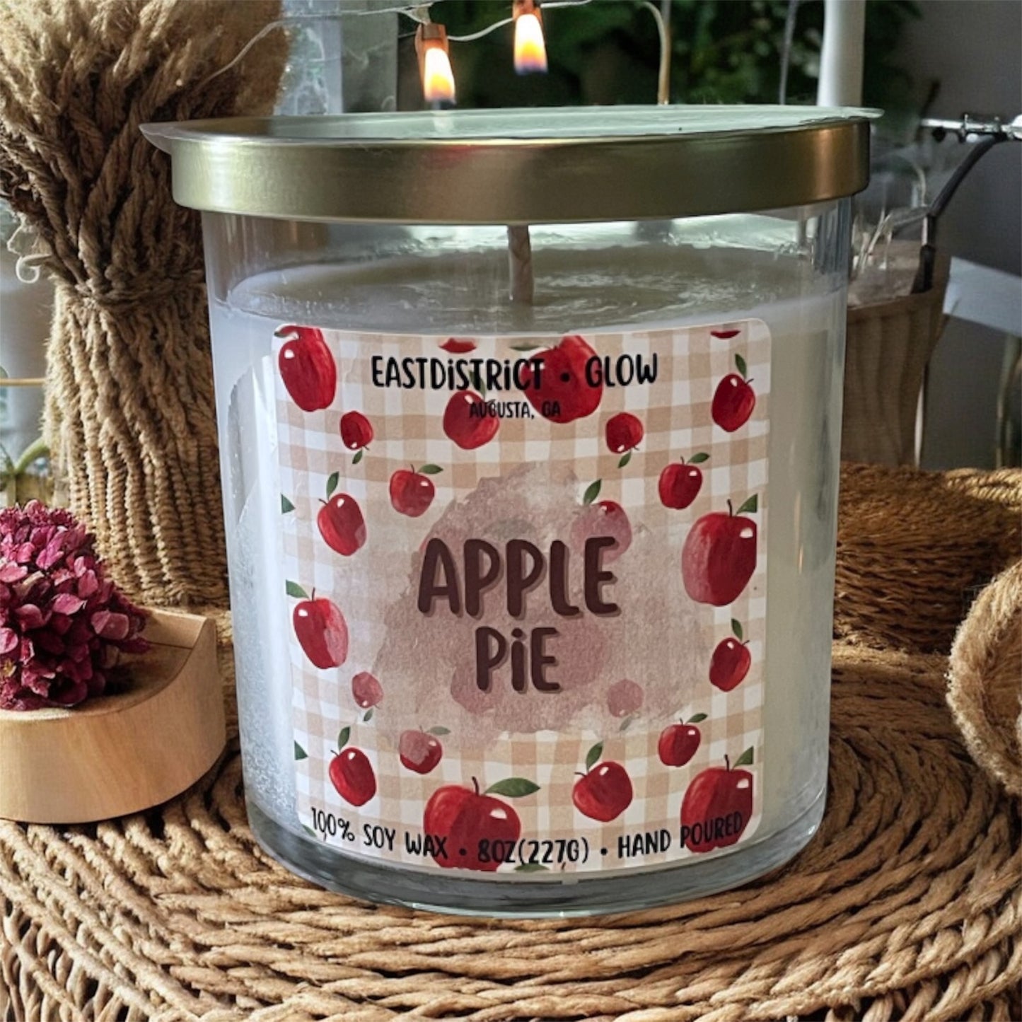 Apple pie soy candle in clear glass jar with gold lid. Fresh baked apple and cinnamon scent. 