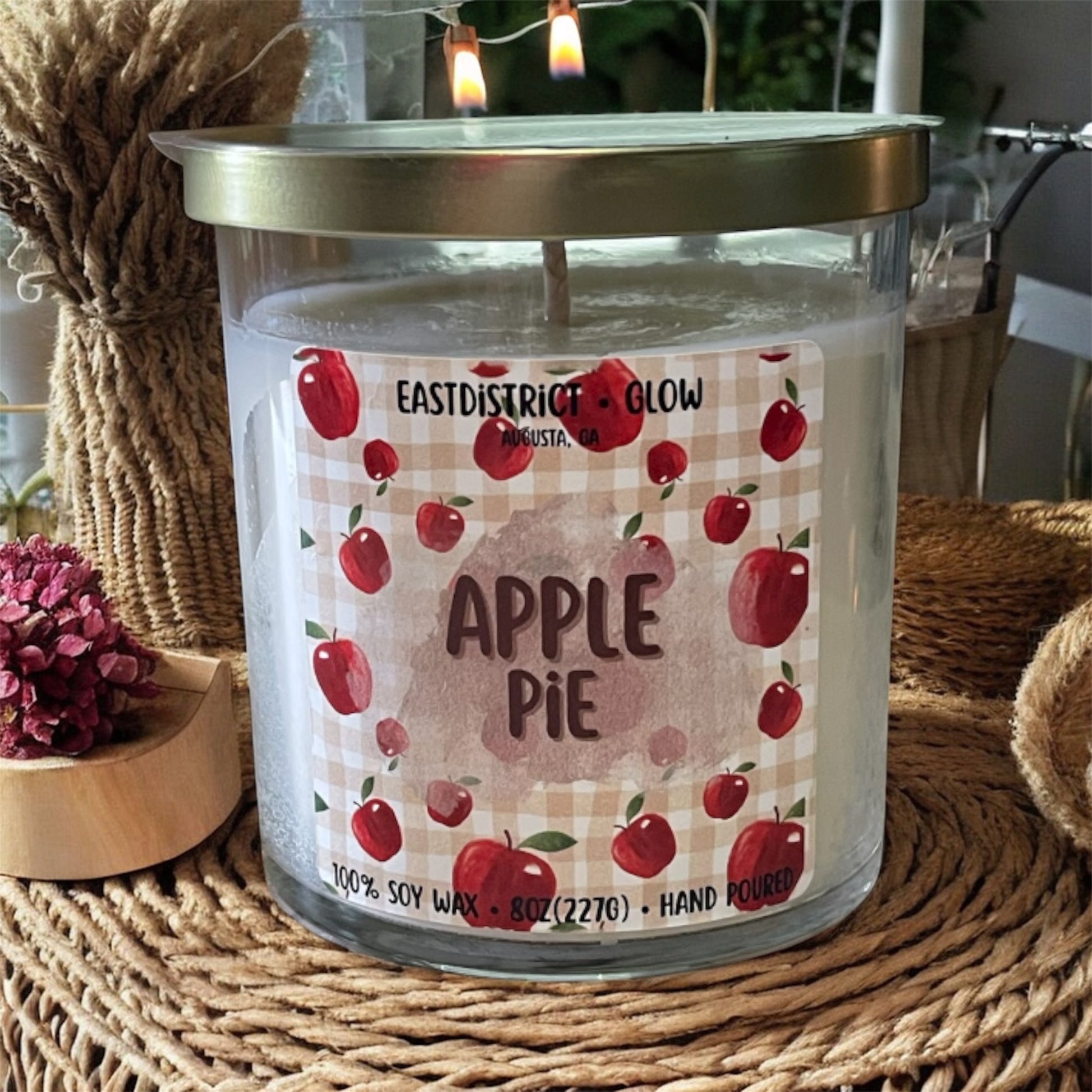 Apple pie soy candle in clear glass jar with gold lid. Fresh baked apple and cinnamon scent. 